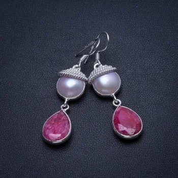 

Natural Cherry Ruby and River Pearl Handmade Mexican 925 Sterling Silver Earrings 1 3/4" T4021