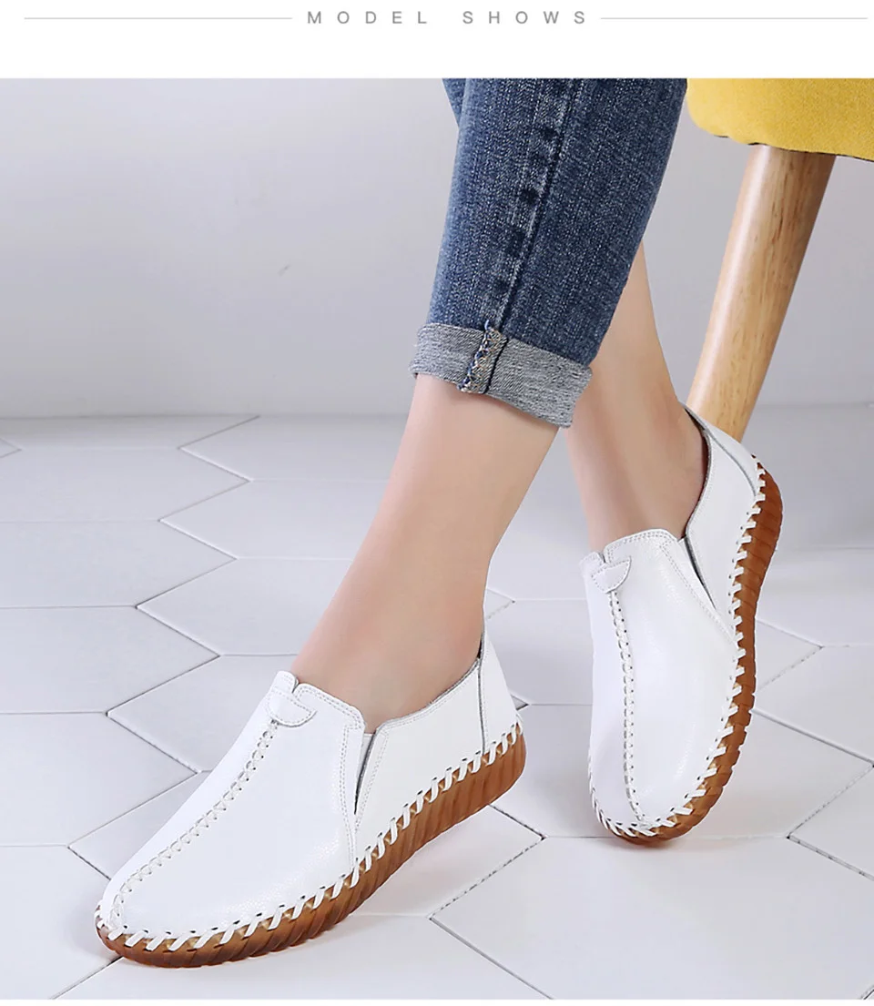 EOFK النساء الشقق أحذية من الجلد الحقيقي امرأة الأخفاف مريحة الدانتيل متابعة اليدوية الأبيض الصيف أحذية الباليه السيدات