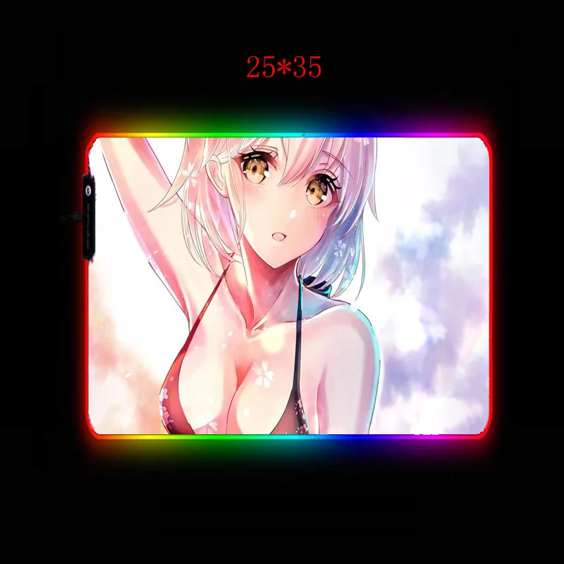 Yuzuoan Oppai коврик для мышки с Аниме Сексуальная Баба Девушка Цельный светодиодный коврик с разноцветным освещением RGB игровой коврик для мыши нескользящий замок Настольный коврик на заказ