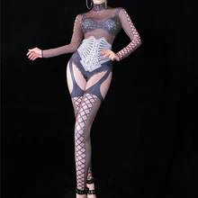 Женские Стразы телесного цвета комбинезон с длинными рукавами, боди, декорированное камнями производительность вечерние роскошный сексуальный костюм танцевальный наряд