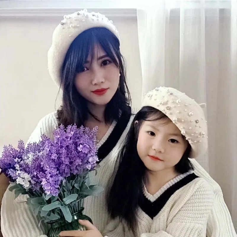 Роскошный перламутровый берет для взрослых и детей,, Ретро стиль, унисекс, модные береты, однотонный цвет, шерсть, родитель-Детские шапочки, зимние теплые шапки