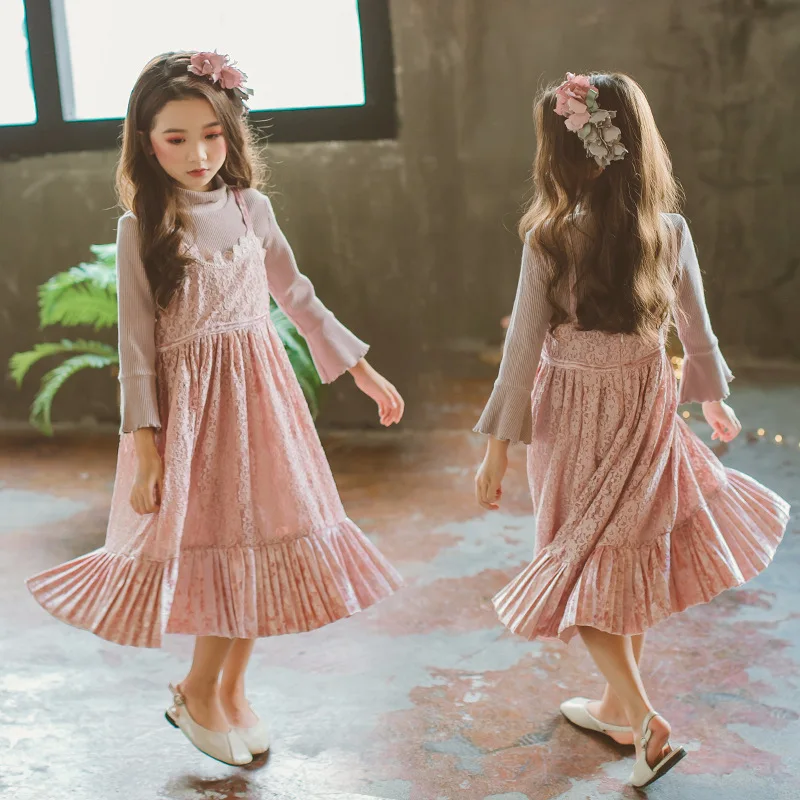 

2018 Autumn Clothing New Style Dress Girls Korean-style Lace Strapped Dress Children Two-Piece Set Bell Sleeve Fashion-