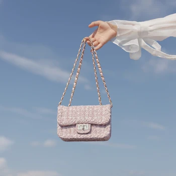 

Fairy temperament powder coarse tweed small fragrance wind bag 2019 new texture chain shoulder slung small bag