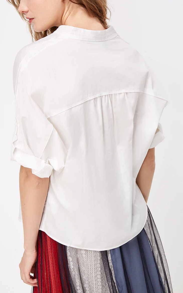 ONLY Womens Loose Fit Pure Color 3/4 Sleeves 100% Cotton V-neckline Shirt | 119105537