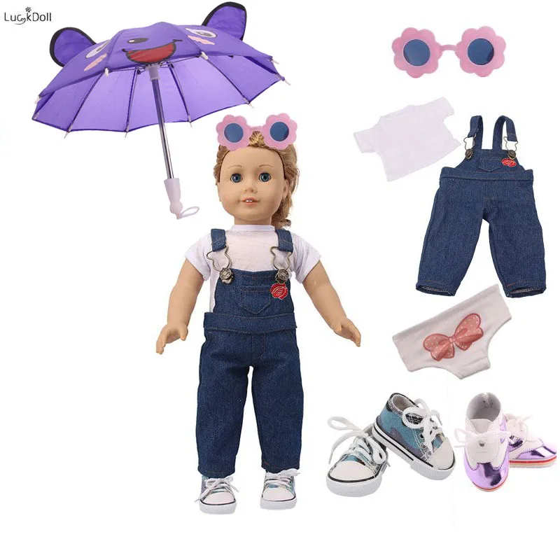 

LUCKDOLL1Set=WhiteT+Sling Jeans+Glasses+Umbrella+Two Pairs Lace Casual Shoes for 18 Inch US and 43cm Doll Generation&Girl/Boytoy