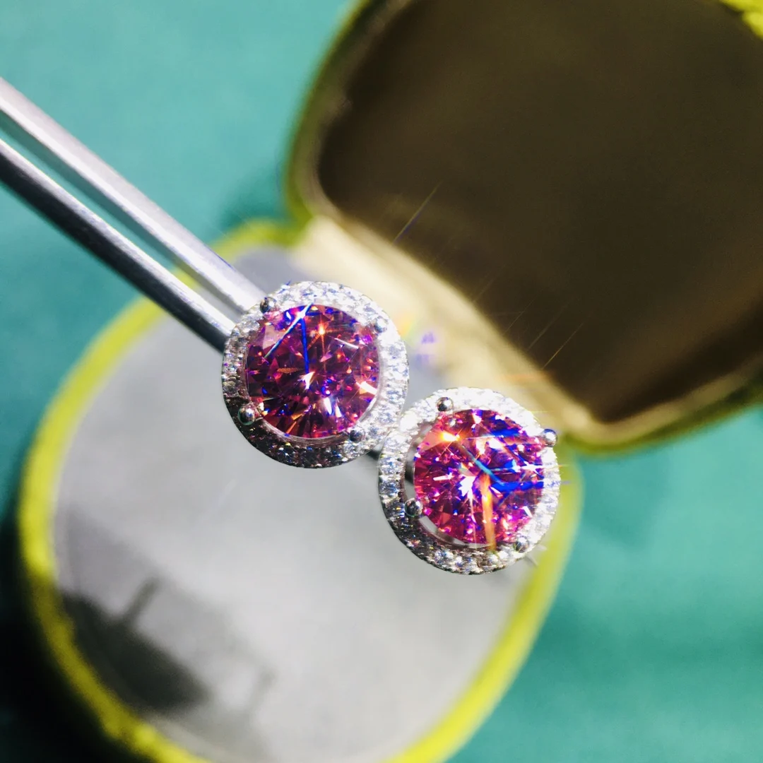 Silver 925 Original Round Brilliant Cut Diamond Test Past Total 2 Carat Best Pink Moissanite Stud Earrings Gemstone Jewelry Gift