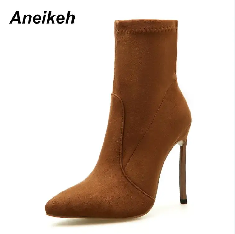 Brown Aneikeh/Новинка года; Модные женские ботинки из флока; обувь на тонком высоком каблуке без застежки; вечерние ботильоны с острым носком; Цвет Черный; Размеры 35-42 - Цвет: Brown