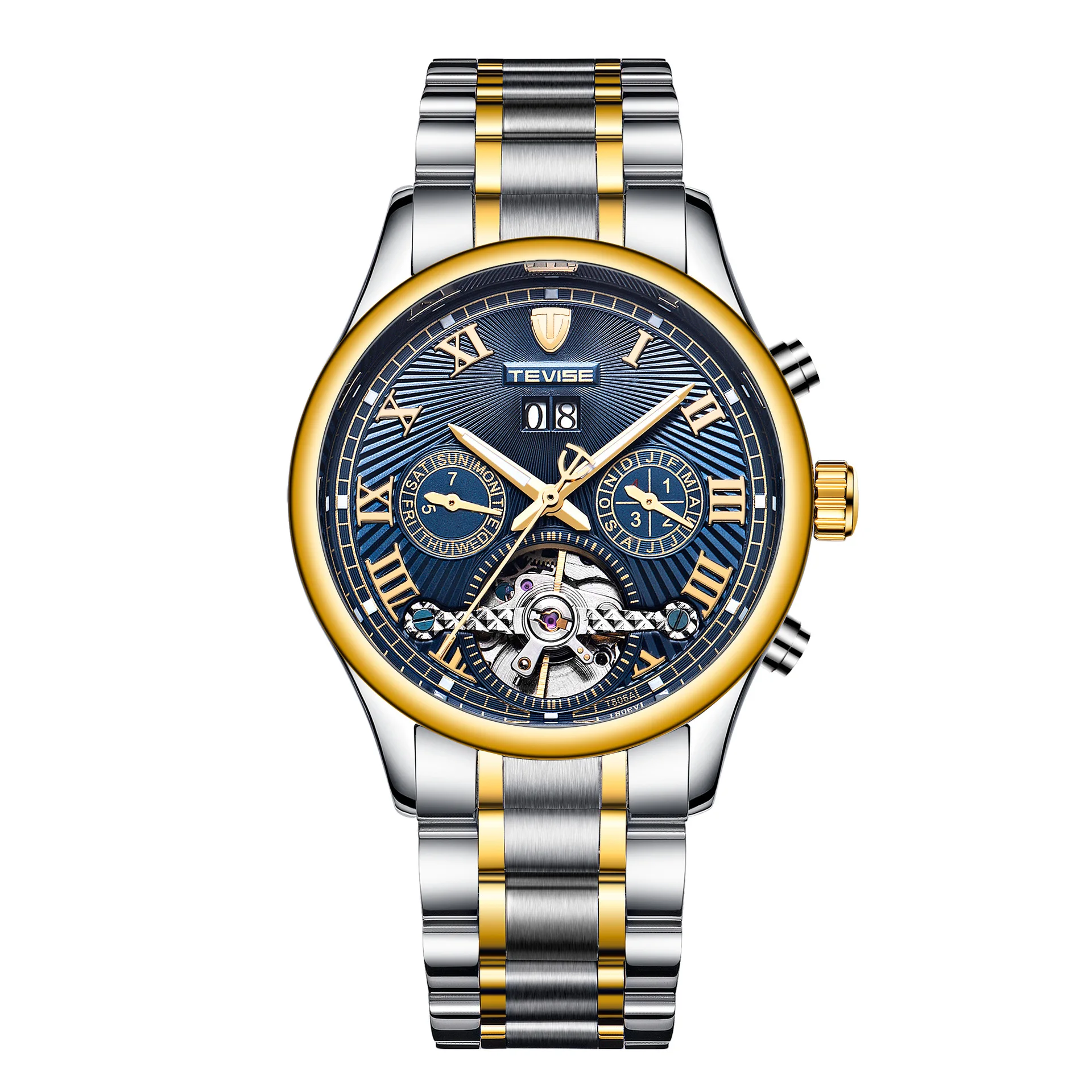 Топ бренд Tevise, роскошный Автоматические Мужские механические часы модные Tourbillon спортивные военные многофункциональные водонепроницаемые наручные часы - Цвет: Silver-Gold-Blue-A