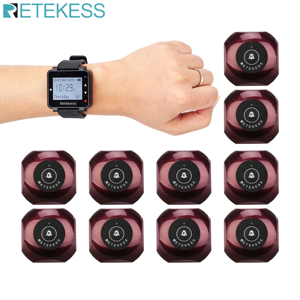 

Retekess Restaurant Pager Waiter Calling System T128 Watch Receiver+10pcs TD013 Call Buttons Wireless Call Office Bar PagerF9477