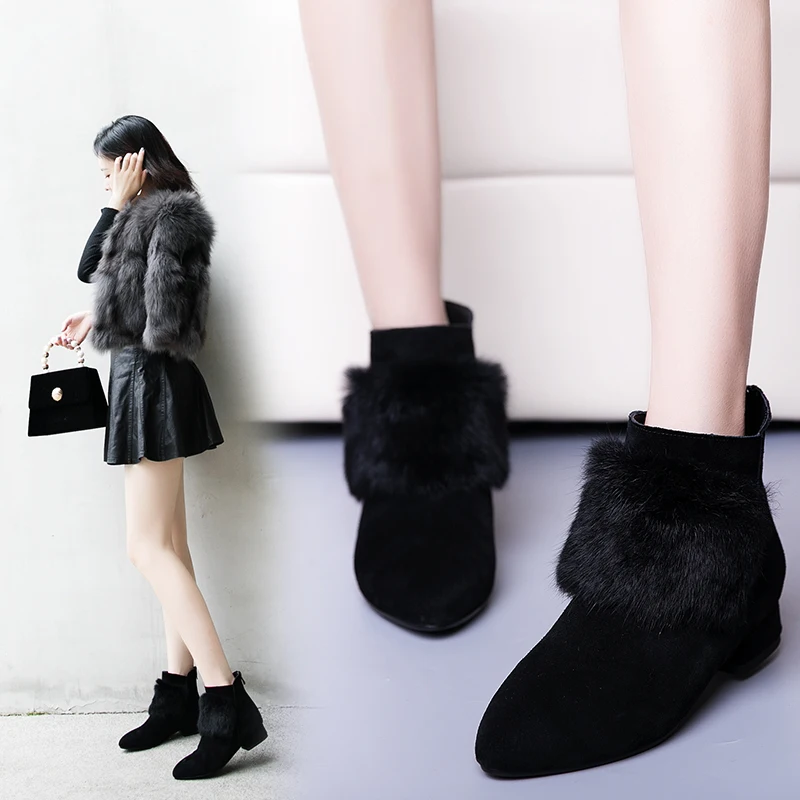 

INS Women ankle boots Plus size 22-26.5cm Rabbit fur decoration Cow suede velvet winter boots snow boots womens boots Fashion