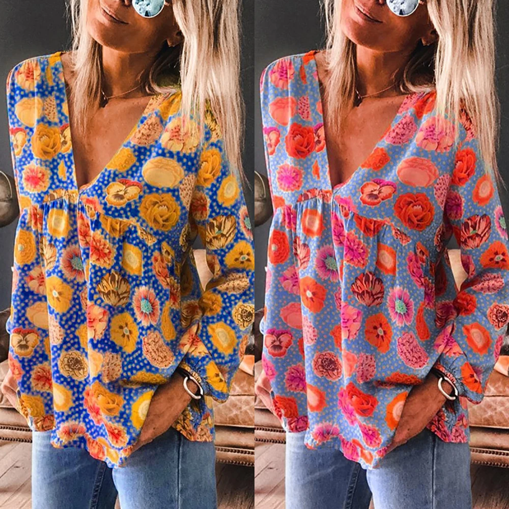 

New Arrival V-Neck Floral Print Women Tops Oversized Full Sleeve Pullovers 2Colors Loose Female Blouses Autumn Vacation S-XL