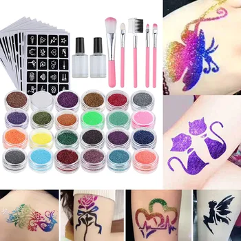 

Flash tattoo set 24Pcs Color Glitter 117 Tattoo stickers + 2PC Glue + 5PC Brush Flash Powder for Face Body Paint Art Tools 9.20
