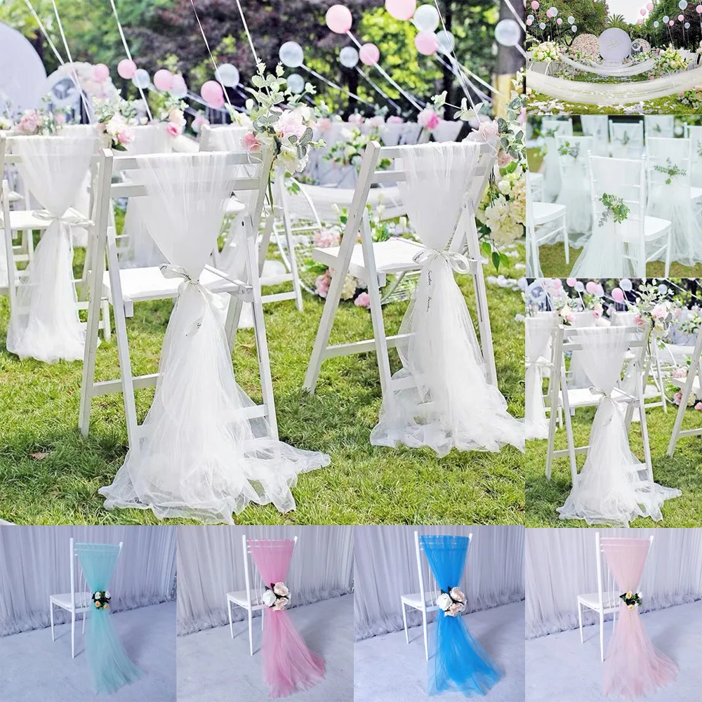 OM_ QA_ EG_ 10 Pcs Gauze Chair Cover Bow Sash Sashes Wedding Banquet Party Decor 