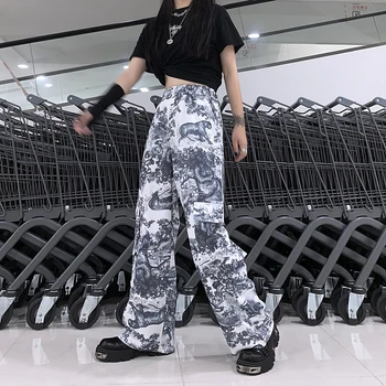 

Lychee Girls Streetwear Elastic Waist Women Pants Pocket Summer Women Pants Color Block 3D Animals Print Straight Lady Pants