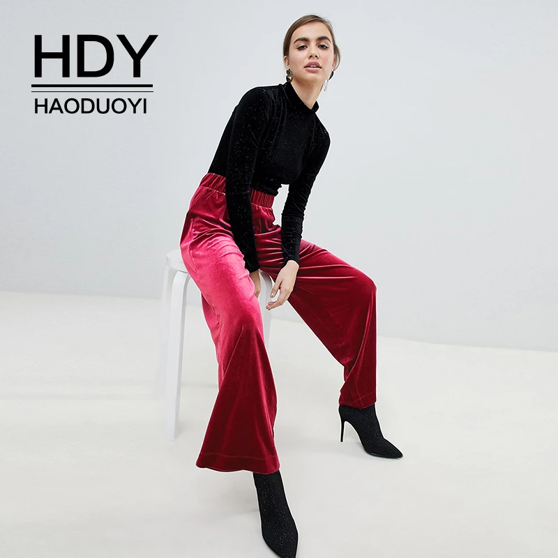

HDY Haoduoyi New Fashion Autumn Stylish Leisure Ladies Casual Clothing Simple Womens Female Tops Velvet Trousers Wide Leg Pants