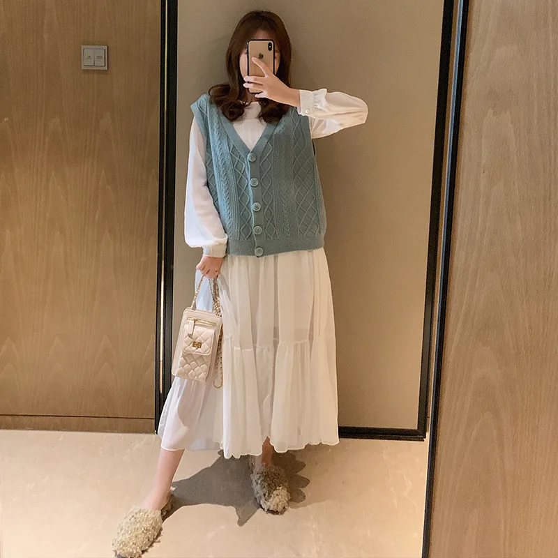 

Maternity Clothes 2019 Pregnant Women Autumn Clothing New Style Chiffon Dress Two-Piece Set with Sweater Waistcoat