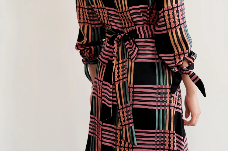 Korea Bowknot Tie Slim Knee-length Plaid Swing Dress Female Cloth Casual High Waist Dress