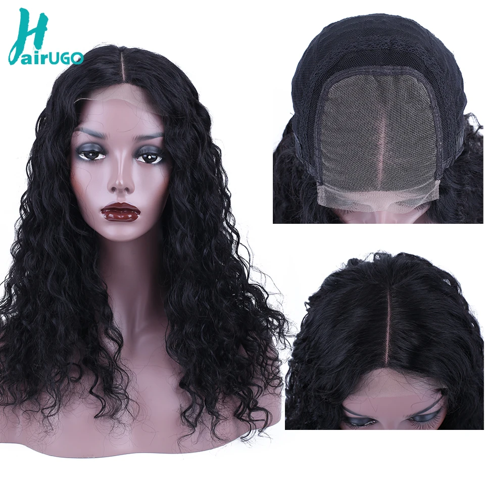 HairUGo 4*4 парики из натуральных волос с кружевной отделкой глубокий кудрявый волнистый парик для женщин предварительно сорвал перуанские