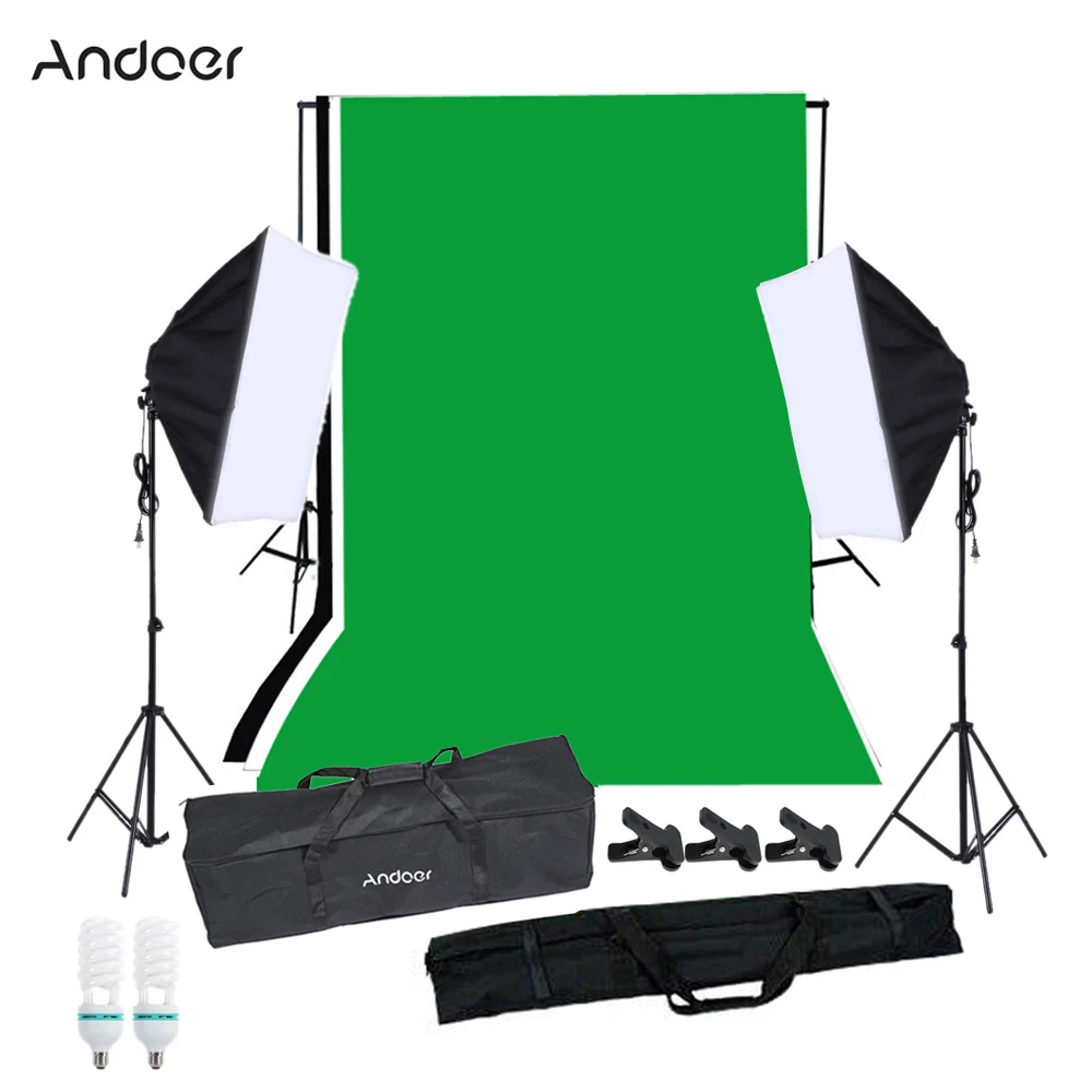 

Andoer Photography Lighting Kit with Studio Background Stand Black White Green Backdrop 125W Light Bulbs Softbox Lighting Stand