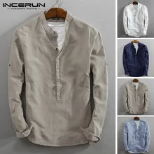 INCERUN/винтажная Мужская Повседневная рубашка с длинными рукавами из хлопка и льна, с воротником-стойкой, однотонная деловая уличная Мужская рубашка на пуговицах Harajuku