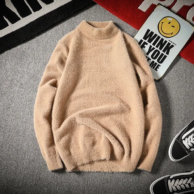 Autumn Winter Men Long Sleeve Sweater Solid Faux Mink Hair Knitted Half Turtleneck Pullovers Fashion All Match Jumpers 10 Colors - Цвет: A  Khaki