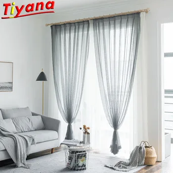 

Solid Grey Cotton Linen Tulle Curtains for Living Room Sheer Tulle for Kitchen Balcony Customizable White Yarn W-HM477*VT