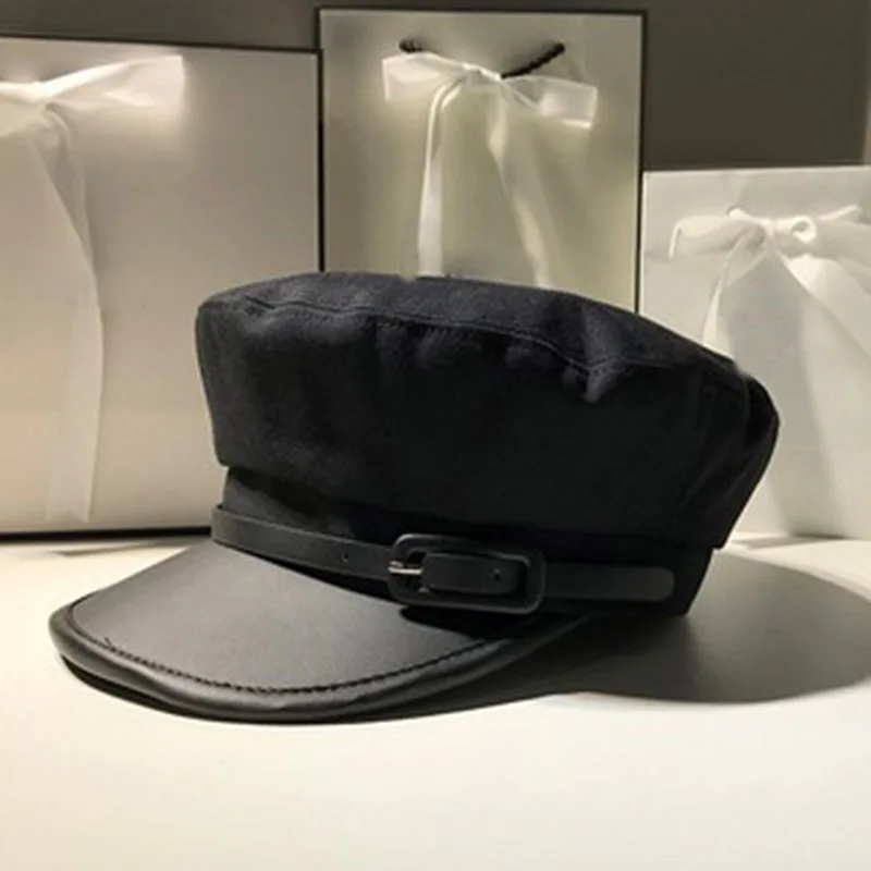 Women Black Military Hats Berets Autumn Winter England Fashion Pu Leather Patchwork Harajuku Newsboy Caps With Belt Female