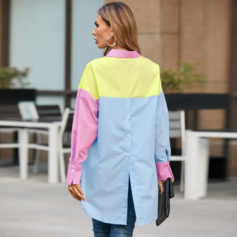 Celmia 2021 Fashion Women Long Shirt Elegant Long Sleeve Blouse Casual Buttons Vintage Tops Color Patchwork Asymmetrical Blusas