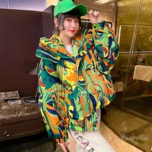 Harajuku Winter Coat Women Colorful Graffiti Printing Cotton-Padded Ins Short Fashion Brand Hooded Parka Female Street Coats
