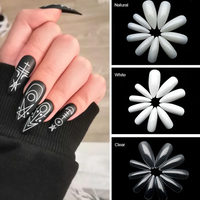 100 шт белый/прозрачный/натуральный длинный стилет Flase Nail Art Tips полное покрытие ногти балерины Форма Акриловые Поддельные ногти JZJ3022