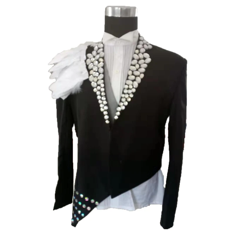 new men's fashion black suit singer personality feather bright diamond stage costume suit blazers
