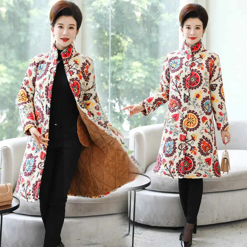 

2019 Autumn And Winter Large Size Ethnic-Style Middle-aged Women Dress Cotton Linen Padded plus Velvet Cotton-padded Clothes Mid