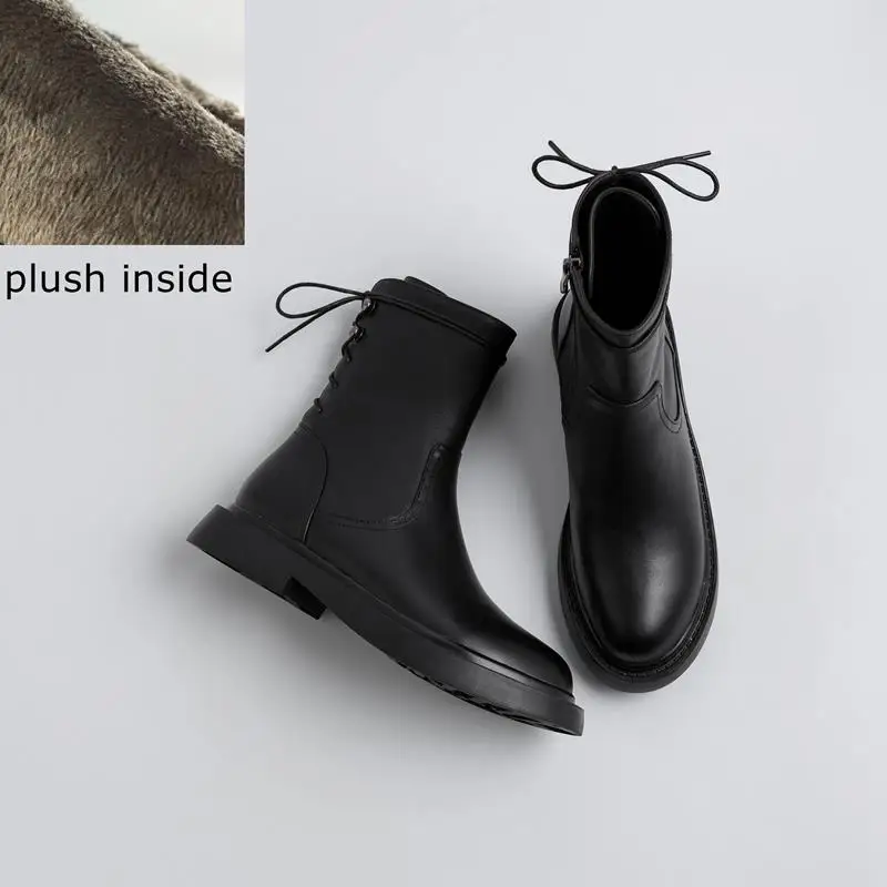plush inside ALLBITEFO/высококачественные женские ботильоны из натуральной кожи; Сезон Зима; Новинка; однотонные женские ботинки; обувь для девочек; ботинки в байкерском стиле - Цвет: plush inside