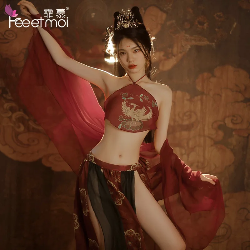 

Sexy Dunhuang Flying Phoenix Girl Pijamas Dress Sexy Nightdress Bellyband with T-thong Sleepwear Nightgown Classical Entice Set