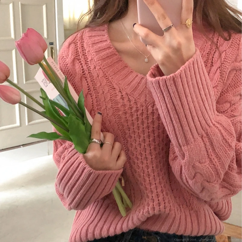 Pink sweater Винтажный Бодкин свитер, женский свободный свитер с v-образным вырезом и длинным рукавом, пуловер, вязаный осенний джемпер, топы M98093 - Цвет: Pink sweater