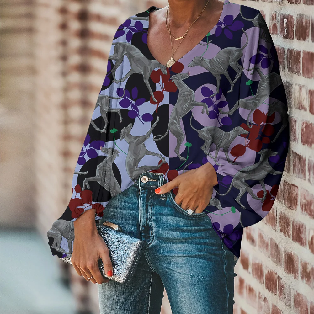 FORUDESIGNS-Blusa con italiano de Galgo para mujer, camisa holgada informal de manga larga, talla grande, cuello en V, 2019 - AliExpress Mobile