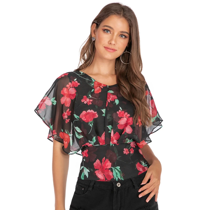 

2019 New Arrival Chiffon Blouse Women Tops Casual Short Sleeve Blouses Summer Floral Print Shirts Ladies Plus Size Blusas Mujer