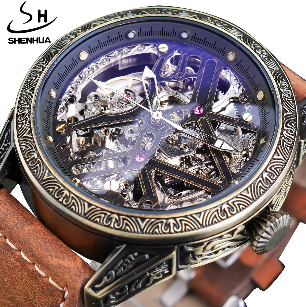 SHENHUA Bronze Transparent Skeleton Automatic Mechanical Watch Retro Steampunk Vintage Pattern Luminous Clock montres mécaniques new fashion chinese dragon pattern belts genuine cow leather belts for men top quality men belt dragon automatic buckle for gift
