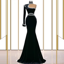Robe de soirée sirène en velours noir, col haut, manches simples, Robe de bal, Robe de Cocktail 