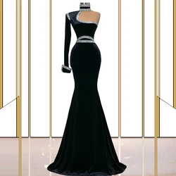 High Neck Single Sleeve Evening Dress Mermaid Black Velvet Prom Dress Cocktail Dress Robe de mariee платье женское vestidos