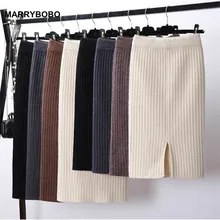 Осенне-зимняя эластичная трикотажная юбка, женская элегантная офисная юбка, Повседневная Теплая юбка миди в рубчик, винтажная юбка-карандаш с разрезом