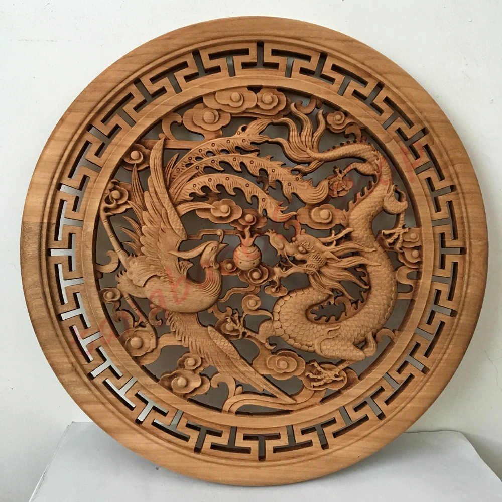 

Solid Wood Carving Craft Gift, Dragon and Phoenix, Peony, Double Dragon, Home Auspicious Decoration, 48cm