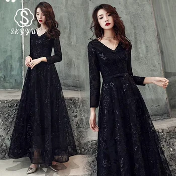 

Skyyue Lace Patchwork Evening Dress FR461 Black A-Line Robe De Soiree Shining Sequin Women Party Dresses V-Neck Long Gowns