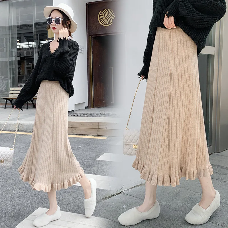

2019 Autumn And Winter Knitted Skirt Mid-length A- line Skirt High-waisted Pleated Skirt Frilled Flounced Long Skirts