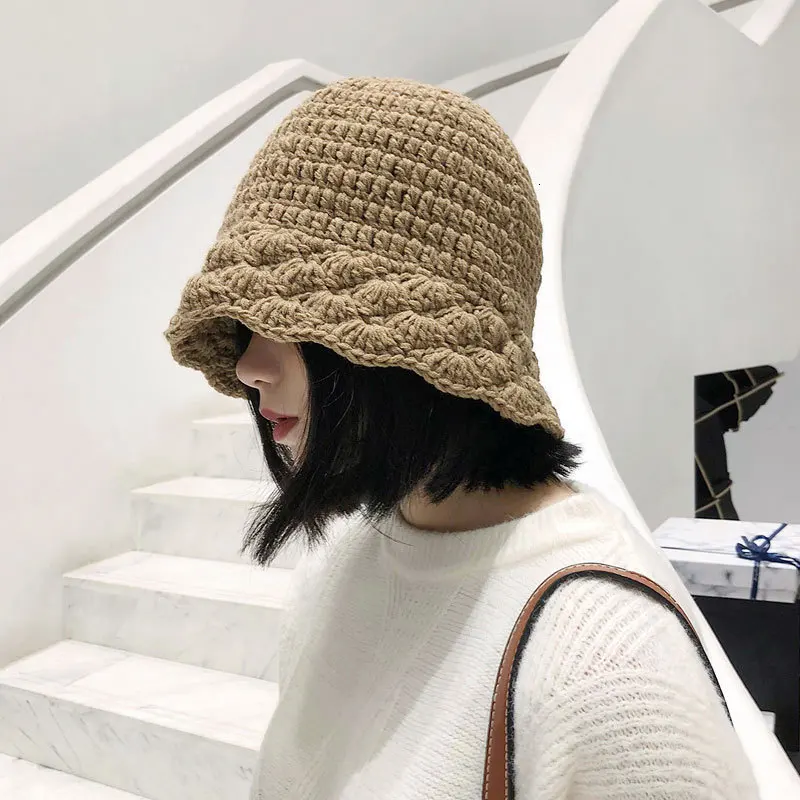 

2020 Spring Autumn Winter Sweet Cute Lace Woolen Bucket Hat Woman Solid Warm Knitted Basin Bonnet Simple Casual Joker Woman Hat
