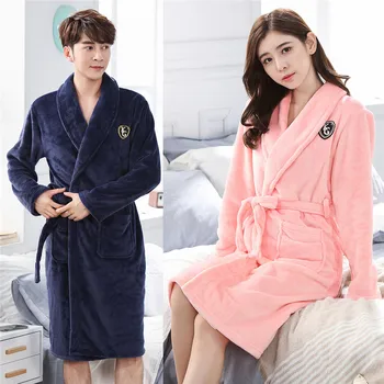 

V-neck Sleepwear Nightgown Women&men Home Clothing Flannel Winter Nightdress Homewear Kimono Coral Fleece Sleepwear Robe