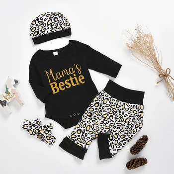 

Baby Clothes Set Autumn Letter Leopard Printing Kids Girls O-neck Long Sleeve Splicing Rompers Pants Cap Hairband 4pcs 0-24M