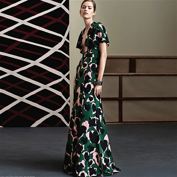 

High-quality Leopard Fashion Jeon Ji-hyun Designer Show Summer Women's Sexy Ruffled Sleeves Camouflage Printed Green Long Dress