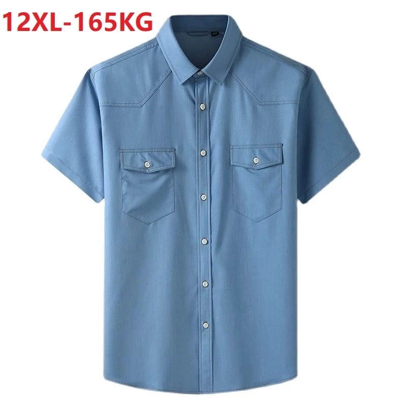 

summer Large Size Men denim Shirt short Sleeve high street cotton oversize 10XL 12XL 11XL pockets cow boy loose Shirt 66 68 54