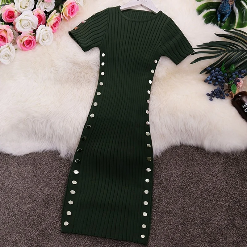 Весна лето двубортное вязаное платье женское с коротким рукавом облегающее платье - Цвет: green